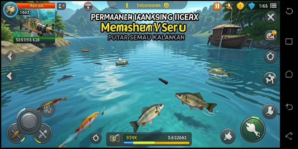 Screenshot utama 116X menampilkan aktivitas memancing yang seru dan menantang.