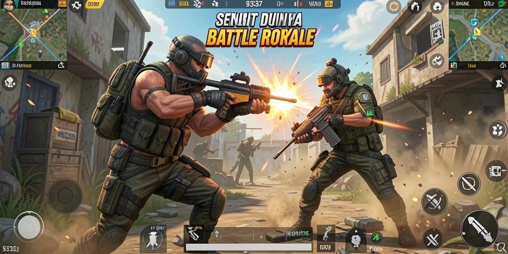 Tangkapan layar menampilkan aksi seru pemain di arena Battle Royale.