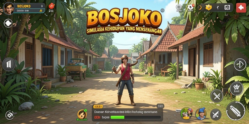 Screenshot gameplay BOSJOKO menampilkan karakter yang sedang berinteraksi dalam simulasi kehidupan.