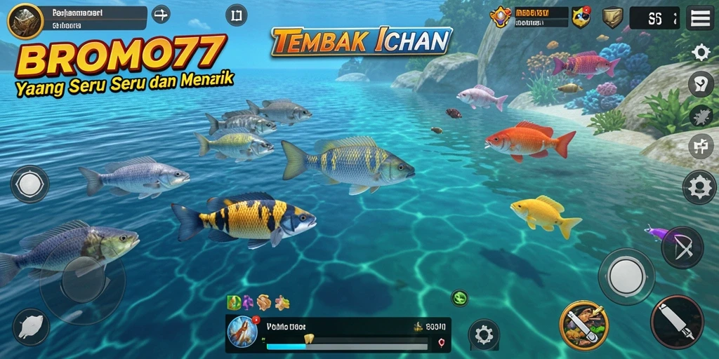 Tampilan gameplay BROMO77 dengan aksi menembak ikan yang seru.