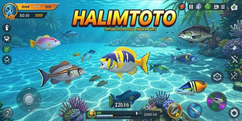 Screenshot gameplay menampilkan suasana menembak ikan di HALIMTOTO.