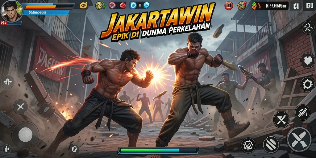 Screenshot pertarungan seru dalam JAKARTAWIN dengan karakter yang beraksi.